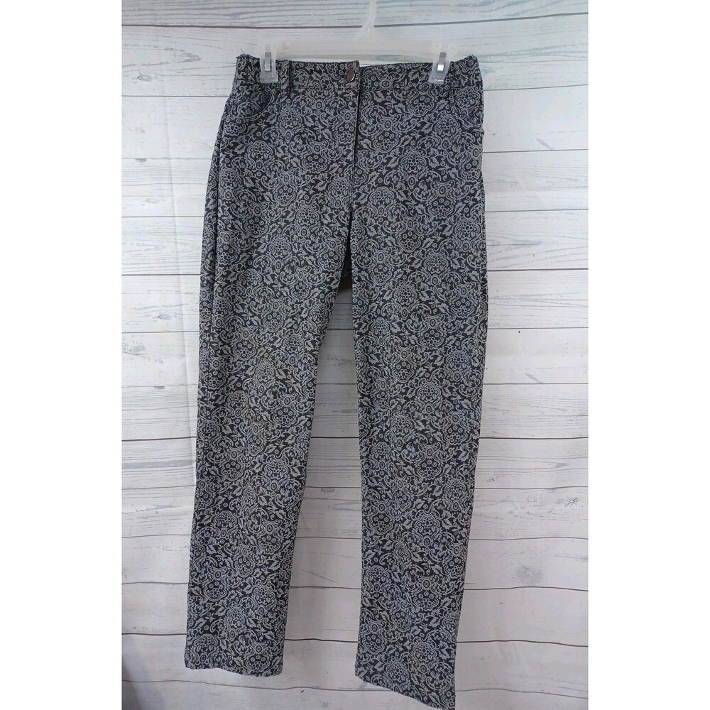 Elliott Lauren Gray Silver Floral Pants Sz 10 Zip Pockets
